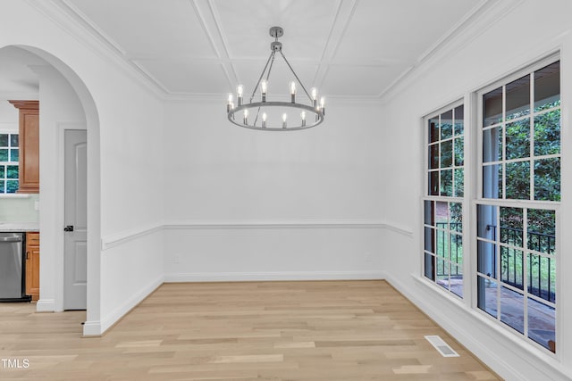 2103 Troys Trl, Franklinton, NC 27525 - unfurnished dining area with light wood-style floors, a chandelier, arched walkways, coffered ceiling, and crown molding