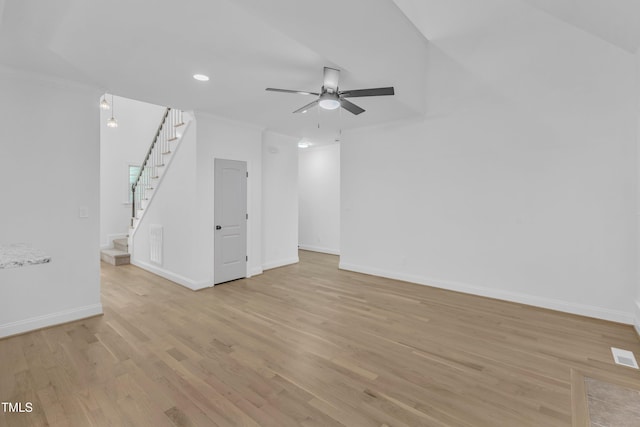 2103 Troys Trl, Franklinton, NC 27525 - empty room featuring a ceiling fan, ornamental molding, light wood-style floors, stairway, and recessed lighting