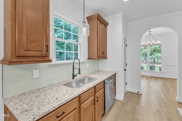 2103 Troys Trl, Franklinton, NC 27525 - kitchen featuring dishwasher, light wood-style floors, tasteful backsplash, crown molding, and light stone counters