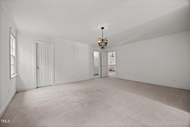 3604 Eden Croft Dr, Raleigh, NC 27612 - empty room featuring a chandelier, light carpet, and ornamental molding