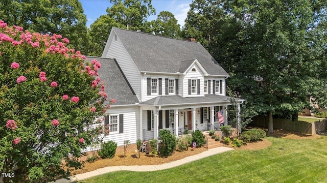 102 Barometer Ln, Cary, NC 27513 - view of front of property featuring a porch, a front yard, roof with shingles, and a chimney