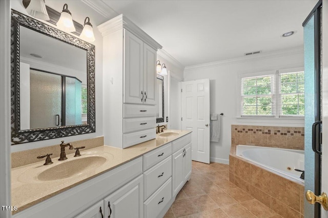 102 Barometer Ln, Cary, NC 27513 - full bathroom with a tub with jets, double vanity, a shower stall, crown molding, and tile patterned flooring