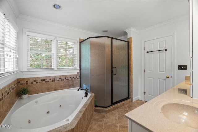 102 Barometer Ln, Cary, NC 27513 - bathroom featuring a stall shower, a whirlpool tub, ornamental molding, double vanity, and tile patterned flooring