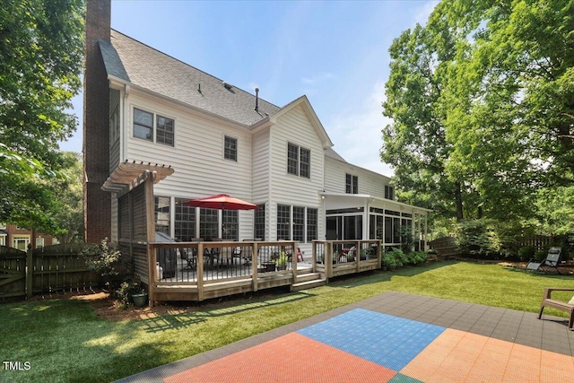 102 Barometer Ln, Cary, NC 27513 - rear view of property with a sunroom, a patio area, a fenced backyard, and a deck
