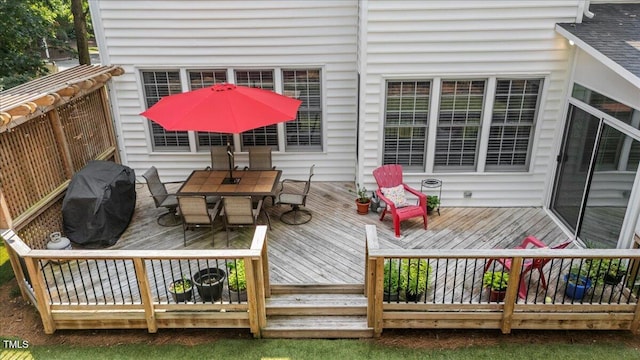 102 Barometer Ln, Cary, NC 27513 - wooden terrace with outdoor dining space and grilling area