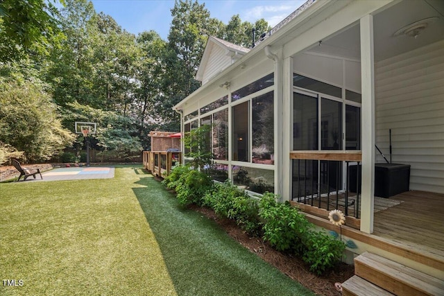 102 Barometer Ln, Cary, NC 27513 - view of grassy yard featuring a sunroom and a pool