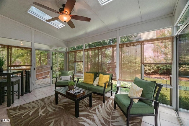 102 Barometer Ln, Cary, NC 27513 - sunroom featuring a skylight, a ceiling fan, an outdoor hangout area, and vaulted ceiling