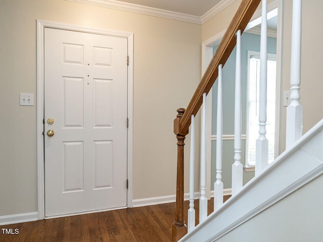 4032 Brook Cross Dr, Apex, NC 27539 - entrance foyer with crown molding, stairs, wood finished floors, and healthy amount of natural light