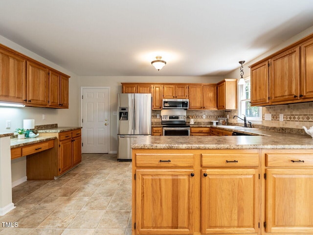 4032 Brook Cross Dr, Apex, NC 27539 - kitchen with appliances with stainless steel finishes, decorative backsplash, a peninsula, pendant lighting, and brown cabinetry