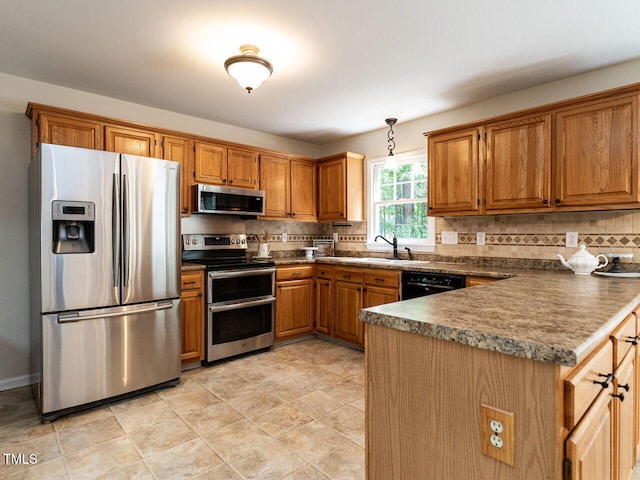 4032 Brook Cross Dr, Apex, NC 27539 - kitchen with stainless steel appliances, brown cabinets, tasteful backsplash, and dark countertops