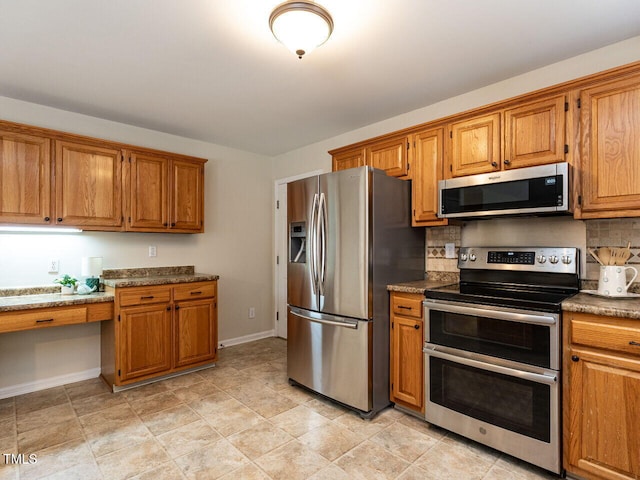 4032 Brook Cross Dr, Apex, NC 27539 - kitchen featuring stainless steel appliances, brown cabinetry, and backsplash