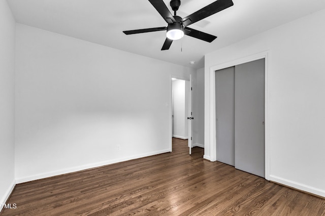 2408 Glascock St, Raleigh, NC 27610 - unfurnished bedroom featuring wood finished floors, a closet, and a ceiling fan
