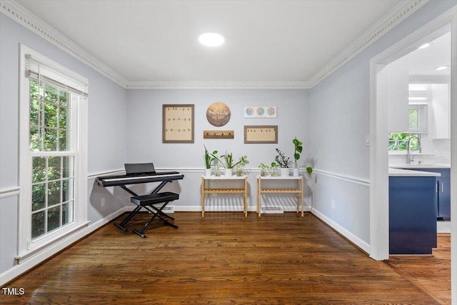 1920 Quail Ridge Rd, Raleigh, NC 27609 - home office featuring ornamental molding, dark wood-style flooring, and recessed lighting
