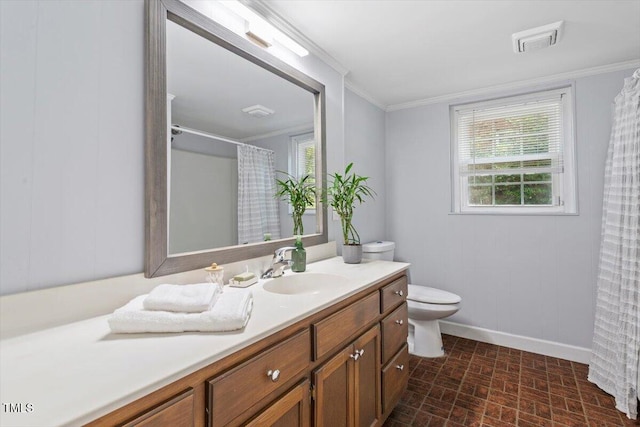 1920 Quail Ridge Rd, Raleigh, NC 27609 - bathroom featuring vanity, brick patterned floors, a shower with curtain, and ornamental molding