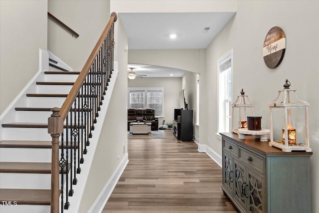2981 Thurman Dairy, Wake Forest, NC 27587 - foyer with wood finished floors, ceiling fan, stairway, recessed lighting, and arched walkways