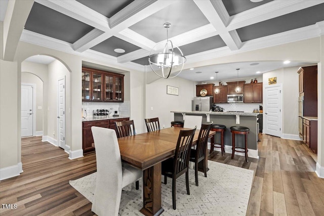 2981 Thurman Dairy, Wake Forest, NC 27587 - dining area with coffered ceiling, arched walkways, recessed lighting, wood finished floors, and beam ceiling