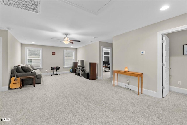 2981 Thurman Dairy, Wake Forest, NC 27587 - living room featuring carpet flooring, ceiling fan, and recessed lighting