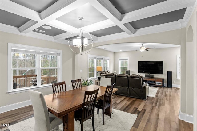 2981 Thurman Dairy, Wake Forest, NC 27587 - dining room with arched walkways, coffered ceiling, a ceiling fan, dark wood-type flooring, and plenty of natural light