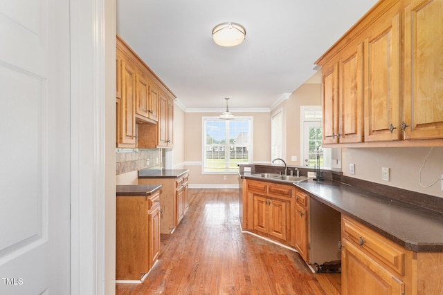 145 Adams Pointe Ct, Angier, NC 27501 - kitchen featuring dark countertops, wood finished floors, a peninsula, crown molding, and backsplash