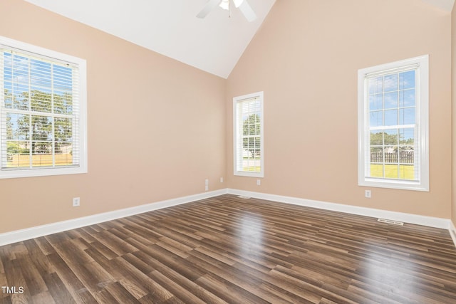 145 Adams Pointe Ct, Angier, NC 27501 - unfurnished room featuring plenty of natural light, dark wood-style floors, high vaulted ceiling, and ceiling fan