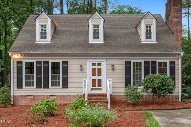 109 Grey Fox Ct, Cary, NC 27511 - new england style home with crawl space, entry steps, roof with shingles, and a chimney