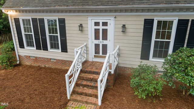 109 Grey Fox Ct, Cary, NC 27511 - entrance to property featuring crawl space and roof with shingles