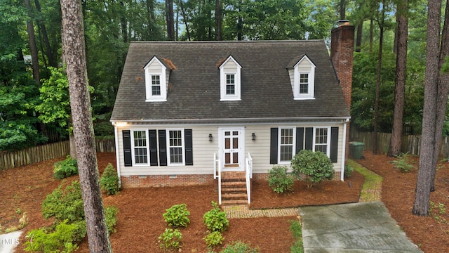 109 Grey Fox Ct, Cary, NC 27511 - new england style home featuring a chimney, crawl space, roof with shingles, view of scattered trees, and entry steps