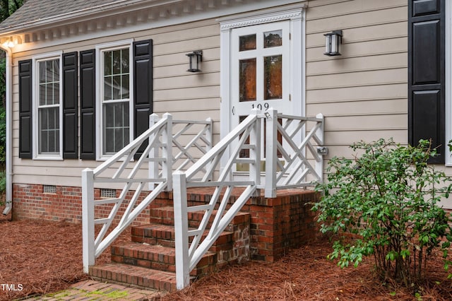 109 Grey Fox Ct, Cary, NC 27511 - doorway to property featuring crawl space and a shingled roof