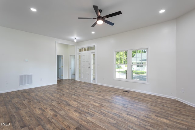 112 N Sellers St, Selma, NC 27576 - empty room with dark wood finished floors, ceiling fan, and recessed lighting