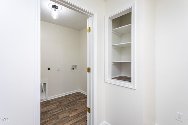 112 N Sellers St, Selma, NC 27576 - laundry room featuring electric dryer hookup, dark wood-style floors, washer hookup, and built in features