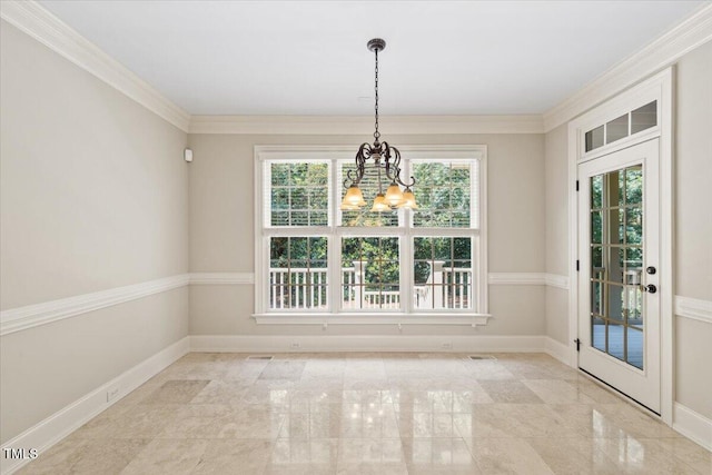 3728 Westbury Lake Dr, Raleigh, NC 27603 - unfurnished dining area featuring a chandelier and crown molding