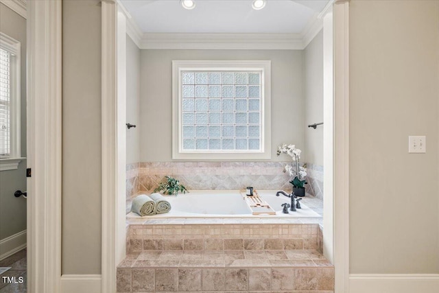 3728 Westbury Lake Dr, Raleigh, NC 27603 - bathroom with a garden tub and crown molding