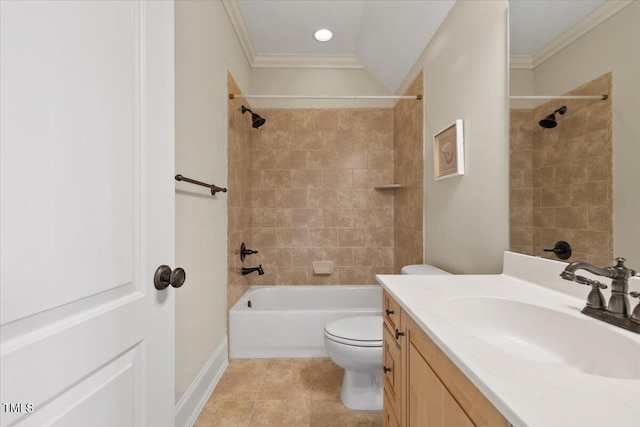 3728 Westbury Lake Dr, Raleigh, NC 27603 - bathroom with vanity, crown molding,  shower combination, tile patterned floors, and recessed lighting