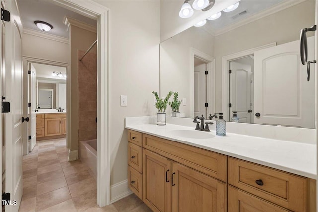 3728 Westbury Lake Dr, Raleigh, NC 27603 - full bath featuring crown molding, vanity, shower / bath combination, and tile patterned floors