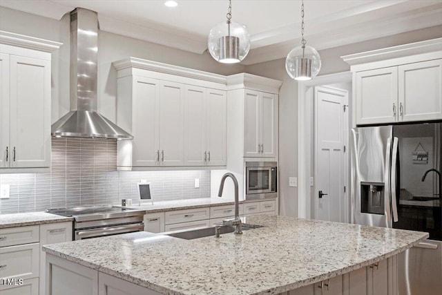 1103 Roosevelt Dr, Chapel Hill, NC 27514 - kitchen with wall chimney exhaust hood, appliances with stainless steel finishes, decorative backsplash, decorative light fixtures, and recessed lighting