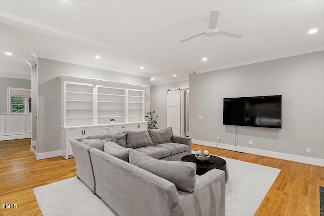 1103 Roosevelt Dr, Chapel Hill, NC 27514 - living room with ornamental molding, recessed lighting, a ceiling fan, and light wood-style floors