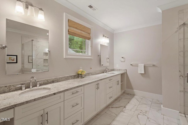 1103 Roosevelt Dr, Chapel Hill, NC 27514 - bathroom featuring marble finish floors, a marble finish shower, double vanity, and ornamental molding