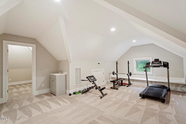 1103 Roosevelt Dr, Chapel Hill, NC 27514 - exercise area with light carpet, vaulted ceiling, and recessed lighting