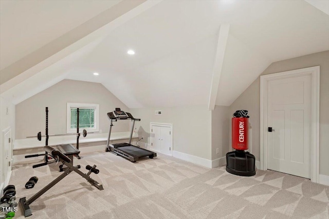 1103 Roosevelt Dr, Chapel Hill, NC 27514 - workout area featuring carpet, vaulted ceiling, and recessed lighting