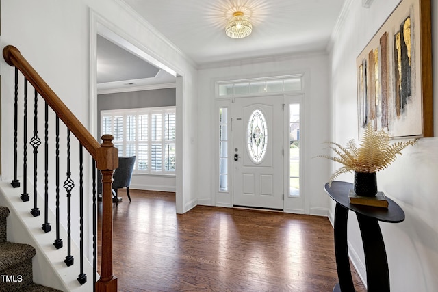 837 Varina Ln, Fuquay Varina, NC 27526 - foyer entrance featuring dark wood-style flooring, stairs, and crown molding