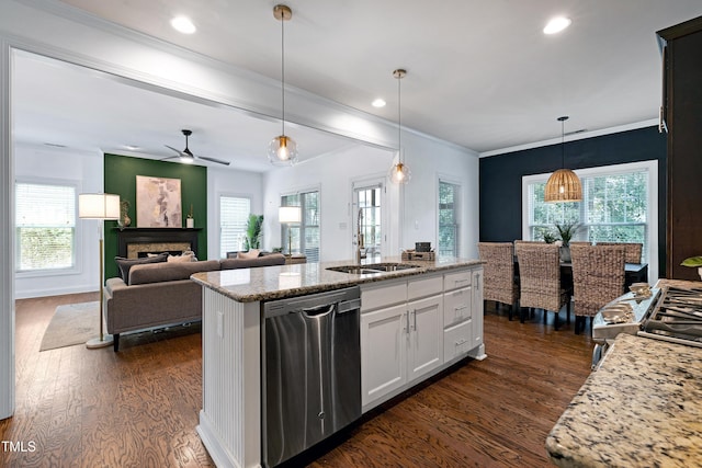 837 Varina Ln, Fuquay Varina, NC 27526 - kitchen featuring stainless steel dishwasher, dark wood-style floors, white cabinetry, decorative light fixtures, and recessed lighting