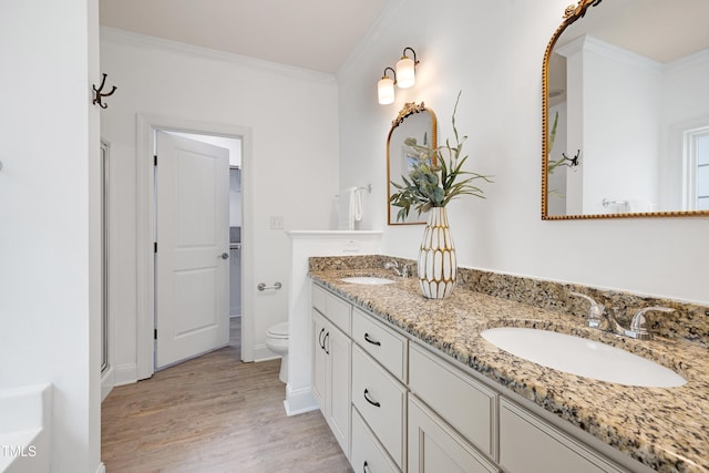 837 Varina Ln, Fuquay Varina, NC 27526 - full bath with crown molding, wood finished floors, double vanity, and a stall shower