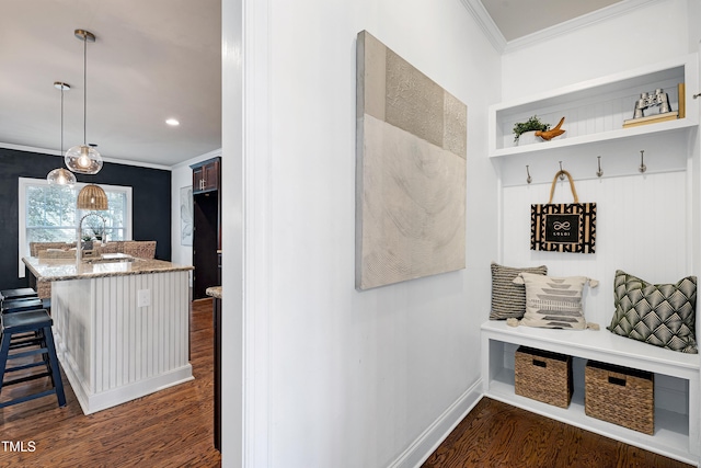 837 Varina Ln, Fuquay Varina, NC 27526 - mudroom with crown molding, dark wood-style flooring, and recessed lighting