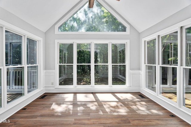 13004 Hanford Ct, Raleigh, NC 27614 - unfurnished sunroom with a wainscoted wall, wood finished floors, and high vaulted ceiling