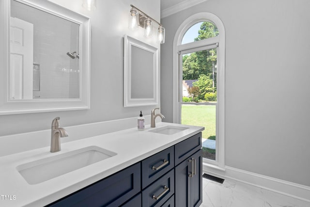13004 Hanford Ct, Raleigh, NC 27614 - full bathroom with ornamental molding, double vanity, and marble finish floors