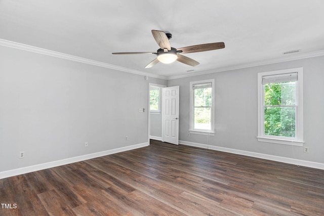 13004 Hanford Ct, Raleigh, NC 27614 - empty room with ornamental molding, a ceiling fan, and dark wood finished floors