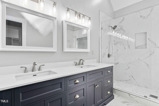13004 Hanford Ct, Raleigh, NC 27614 - full bathroom with marble look tiles, double vanity, and a marble finish shower