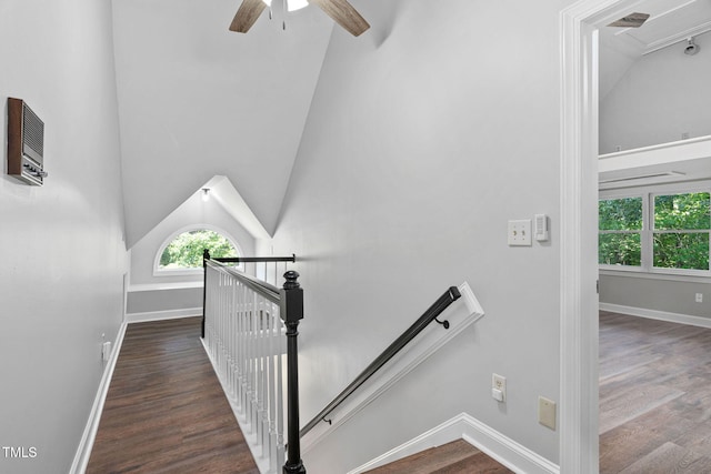 13004 Hanford Ct, Raleigh, NC 27614 - stairs featuring wood finished floors, vaulted ceiling, and ceiling fan