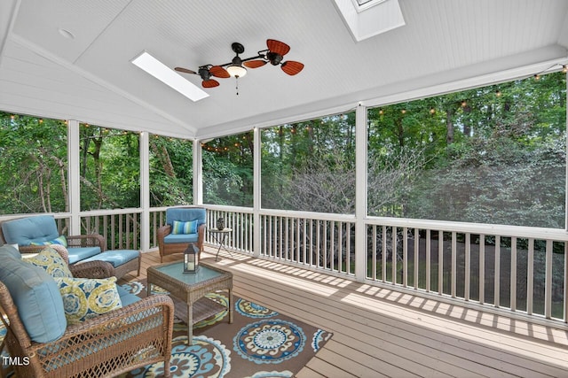 3748 Knollcreek Dr, Apex, NC 27539 - sunroom featuring a skylight, ceiling fan, an outdoor hangout area, and lofted ceiling