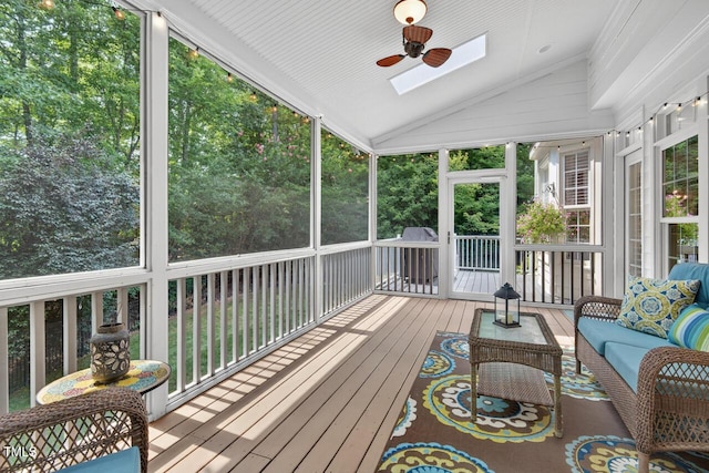 3748 Knollcreek Dr, Apex, NC 27539 - sunroom featuring a skylight, vaulted ceiling, an outdoor living space, and ceiling fan